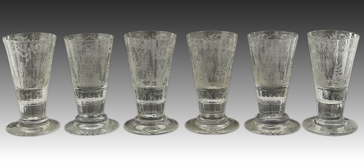 A set of six Lobmeyr engraved beakers, c.1880